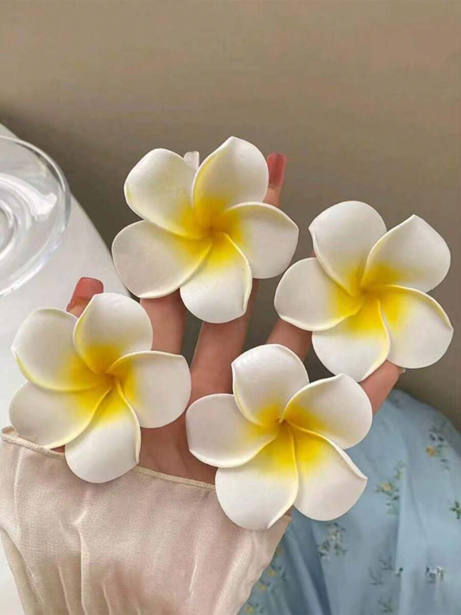 10件裝花卉髮夾，夏威夷風花朵髮飾，波希米亞風白色與黃色花朵髮飾，適合兒童海灘度假派對日常配戴 - 白色 - 查看 1