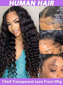 Tóc giả ren phía trước 13x4, tóc thật, đã tỉa sẵn, mật độ 150, tóc giả Brazil gợn sóng ướt, tóc giả ren trong suốt 13x4, tóc xoăn cho nữ, tóc thật gợn sóng nước đã tỉa sẵn với tóc con, màu đen tự nhiên (8-26 28 30 inch) - Natural Black - Xem 1