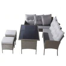Poly Rattan Dining And Garden Lounge Set For 7 People, Including Sofa, Table, Stool And Cushions, Removable And Washable Cover, Khaki Colour. - C - View 8