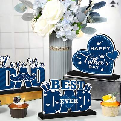 3个“最佳爸爸”装饰立牌，2D平面设计，简约绅士风格，适用于桌面/节日场景，父亲节氛围装饰，温馨礼物