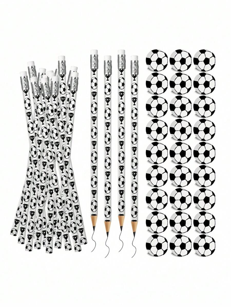 5/10支装足球主题铅笔和橡皮擦套装，配有运动主题橡皮擦，趣味木质铅笔套装，学习文具，返校必备，是足球主题生日派对的完美礼物 - 套裝 - 查看 1