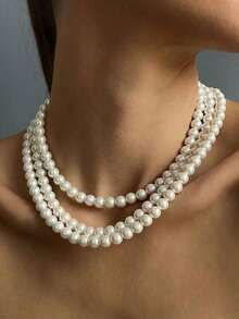2 件套欧美跨境配饰大珍珠项链优雅多层串珠颈链女士项链 - 白色 - 查看 6