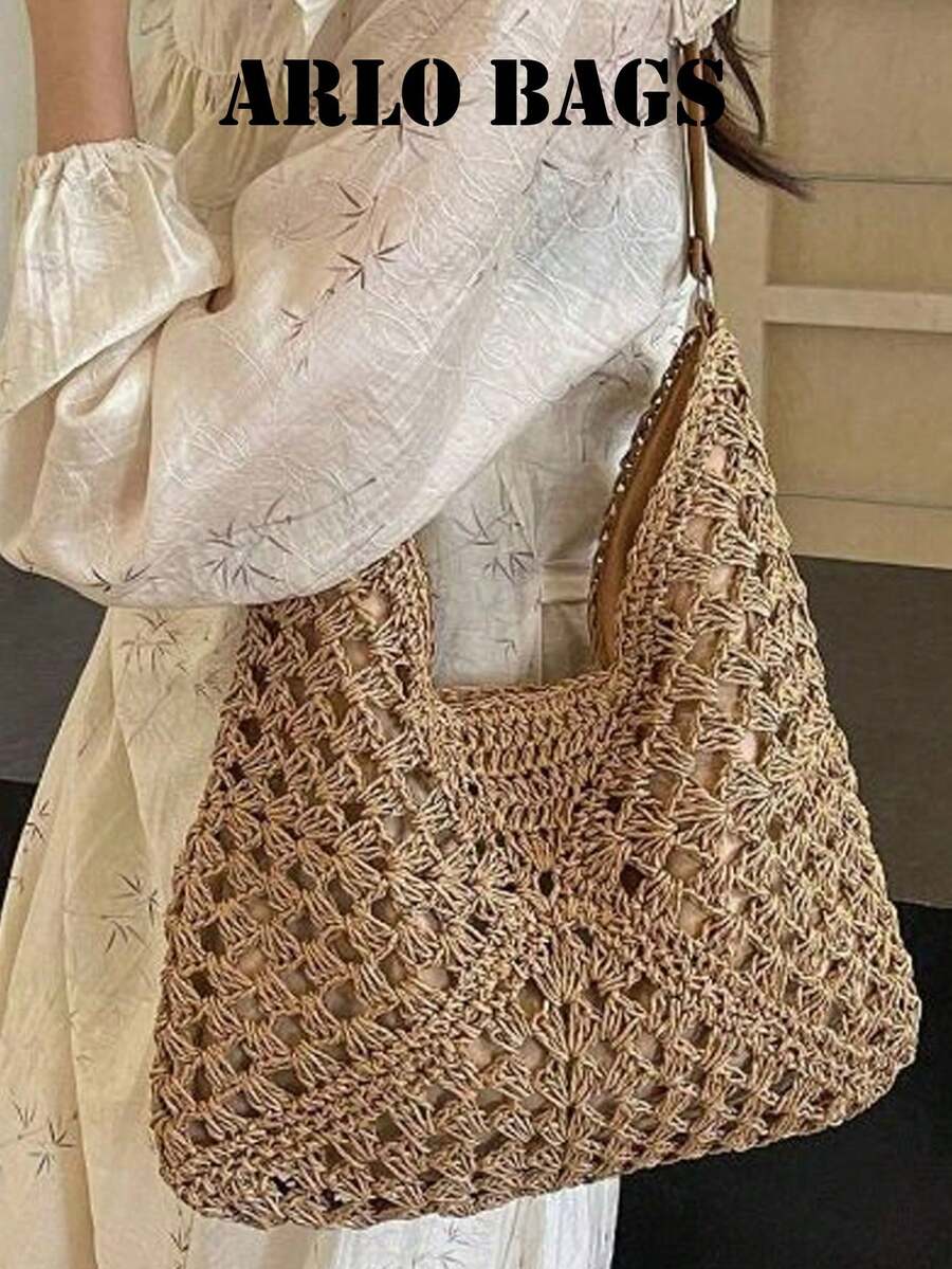 Ce sac fourre-tout tressé de couleur kaki peut être porté à l'épaule ou à la main. Il présente une grande capacité et un design d'ouverture polyvalent, parfait pour un sac de plage style vacances paresseuses. Très adapté pour les voyages et les courses. - Kaki - Voir 1
