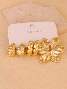 6/18pcs Fashion Earring Set, Featuring Everlasting Flower, Diverse C-Shape, Teardrop, Five-Petal Flower, And Asymmetric Floral Designs. Made Of ABS Resin With UV Plating, Hypoallergenic And Elegant, Suitable For Daily Wear, Parties And Gifting To Friends Or Mothers. - Gold - View 4