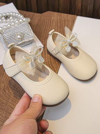 Cute Fashion Children's Leather Shoes, Pearl Decor, Hook And Loop Closure, Comfortable Outdoor Casual Shoes, Suitable For Toddlers And Kids, Recommended For Back To School Season