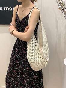 两件套：女士钩针编织单肩包和草编遮阳帽 - 可爱的花卉网纱沙滩包，配有蕾丝边宽檐帽，轻便透气，适合夏季、海滩、旅行和户外活动 - 包包帽子組合 - 查看 7