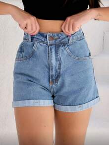 [100% Cotton] Women's Black Denim Shorts With Italian Hem, Plain Hem, Perfect For June Festivals - azul real - Ver 1