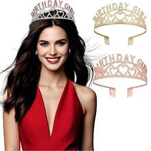 1件金色生日女王皇冠，水晶皇冠及成人公主头饰，生日派对面具服装配饰，拍照道具 - 彩色 - 查看 6