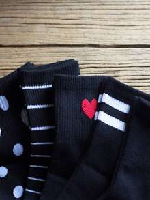 5 Pairs Women's Striped, Polka Dot, Heart Patterned Black Socks, Soft, Breathable, Suitable For All Seasons, Student Style - Black - View 2