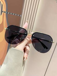 Retro Aviator Frameless Fashion Glasses, Metal Large Frame Flattering For Big Face, Classic Outdoor Travel Beach Casual Decoration Daily Wear, Summer UV Protection Fashion Glasses For Men & Women - Black - View 2