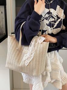 Bolso de mano grande de capacidad para viajes, bolso de hombro simple tejido para mujer, bolso de playa para vacaciones, nueva colección primavera/verano 2026 - Beis - Ver 6