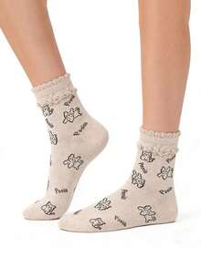 5双四季蕾丝全印花卡通小狗韩版少女百搭拼接中筒袜 - 彩色 - 查看 3