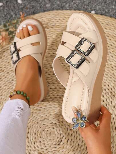 1双青少年/女孩夏季草编厚底凉鞋，休闲编织带设计，舒适透气米色凉鞋，建议选购大一码。