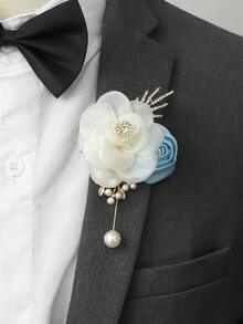 1件/均碼/6件組 男士胸花 女士手腕花韓式淺藍與米色玫瑰手花，適合新娘、伴娘、翻領花、婚禮新娘手腕花、派對、雞尾酒會、日常手鍊 - 淺藍色 - 查看 7