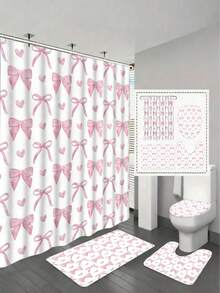 1/4 Piece Cute Pink Bow Shower Curtain Set, Modern Stylish Bathroom Curtain Set, Includes Waterproof Shower Curtain, Non-Slip Rug, Toilet Lid Cover, Bath Mat And 12 Plastic Hooks, Machine Washable, Jacquard Woven Waterproof Polyester Fabric - A - View 3