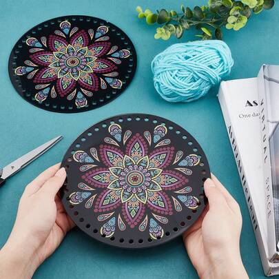 2pcs Vibrant Mandala Flower Acrylic Bag Bottoms - Sturdy 7.09" Round Weaving Boards For DIY Knitting & Crochet Handbags, Perfect Valentine's Day Gift Idea, Easy To Use And Customize