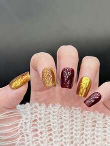 10pcs/Set Press On Nail Cap, Starfall Amber, Glowing And Flashing Sequin Glass Beads, Cat's Eye, Blending With Gold Leaf, Handmade For Wearing - Multicolor - View 4