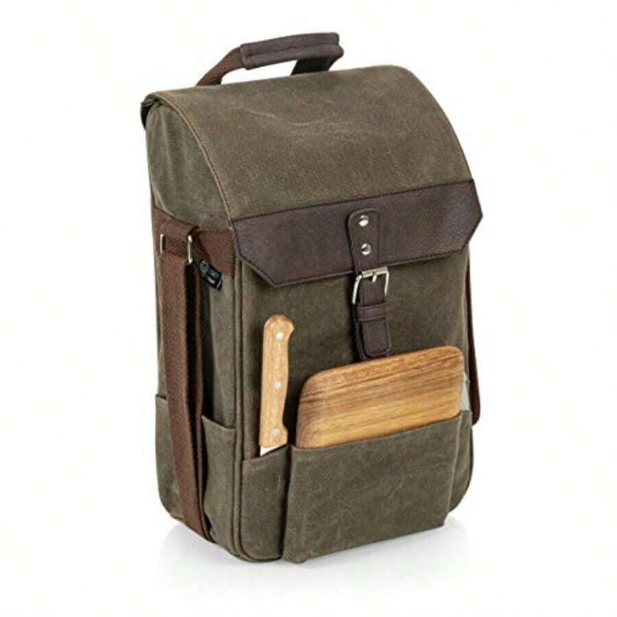 Picnic Time - Bolsa de Vino aislada de 2 Botellas con Tabla de Queso y Juego de Cuchillos Bolsa de Picnic para Vino Lona Encerada Envejecida Verde Caqui con Detalles café - Verde Kaki Con Acientos Marrones - Ver 1