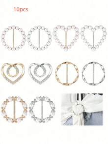 10 piezas Clips para bufanda, Clips para camisa con dorado/plateado, perla y rhinestone, broche de corbata de moño de metal, accesorios de moda para mujer, clips para camisa redondos, estilos multifuncionales adecuados para varias estructuras, playa, vacaciones, accesorios, artículos esenciales de viaje - Multicolor - Ver 11