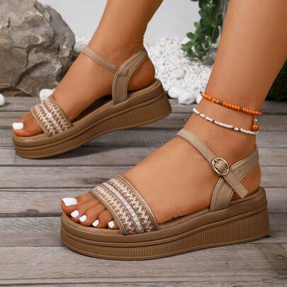 1 đôi dép xăng đan đế bằng kiểu La Mã màu trơn, dệt kim, một quai, thoải mái, nhẹ, mũi tròn, chống trơn trượt, phù hợp cho học sinh trung học/phổ thông từ 8 tuổi trở lên, dép đế mềm thời trang mùa hè đi biển.