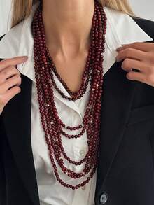 1 chiếc vòng cổ hạt gỗ nhiều lớp phong cách Bohemian, vòng cổ nhiều lớp màu đỏ cổ điển, phù hợp cho nữ. Vòng cổ hạt gỗ nhiều sợi thủ công cầu kỳ, vòng cổ dài cá nhân hóa. - Màu Đỏ Sâu - Xem 3