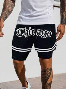 男士休闲运动短裤，芝加哥印花短裤，适合日常穿着、健身、跑步、篮球等场合，黑色夏季款 - 黑色 - 查看 5