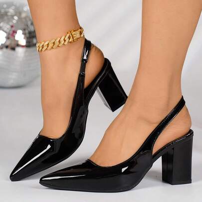 Giày sandal mũi nhọn gót chunky khoét lỗ mùa xuân hè, giày cao gót hở gót bóng bẩy, giày dép nữ cỡ lớn mới.