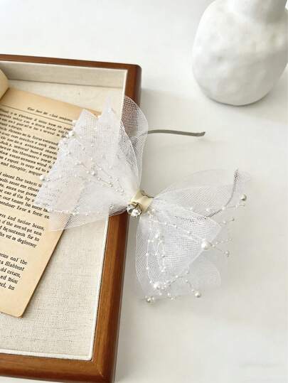 1pc Girls Pearl Mesh Bow Headband, Dreamy Bridesmaid Wedding Hair Accessory