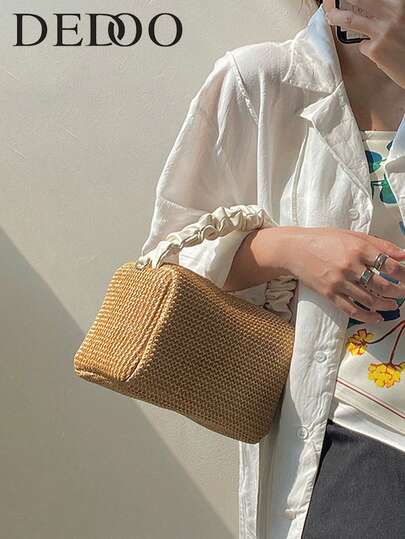 Dedoo Elegant And Temperament Pleated Small Square Handbag, Summer Straw Pillow Bag, Equipped With A Thin Shoulder Strap Of The Same Color, Adjustable Length, Supporting Two Carrying Methods: Hand-Carrying And Cross-Body, Which Is Very Practical. It Is Very Suitable For Daily Commuting, Dating, Shopping, Vacation And Short Trips.