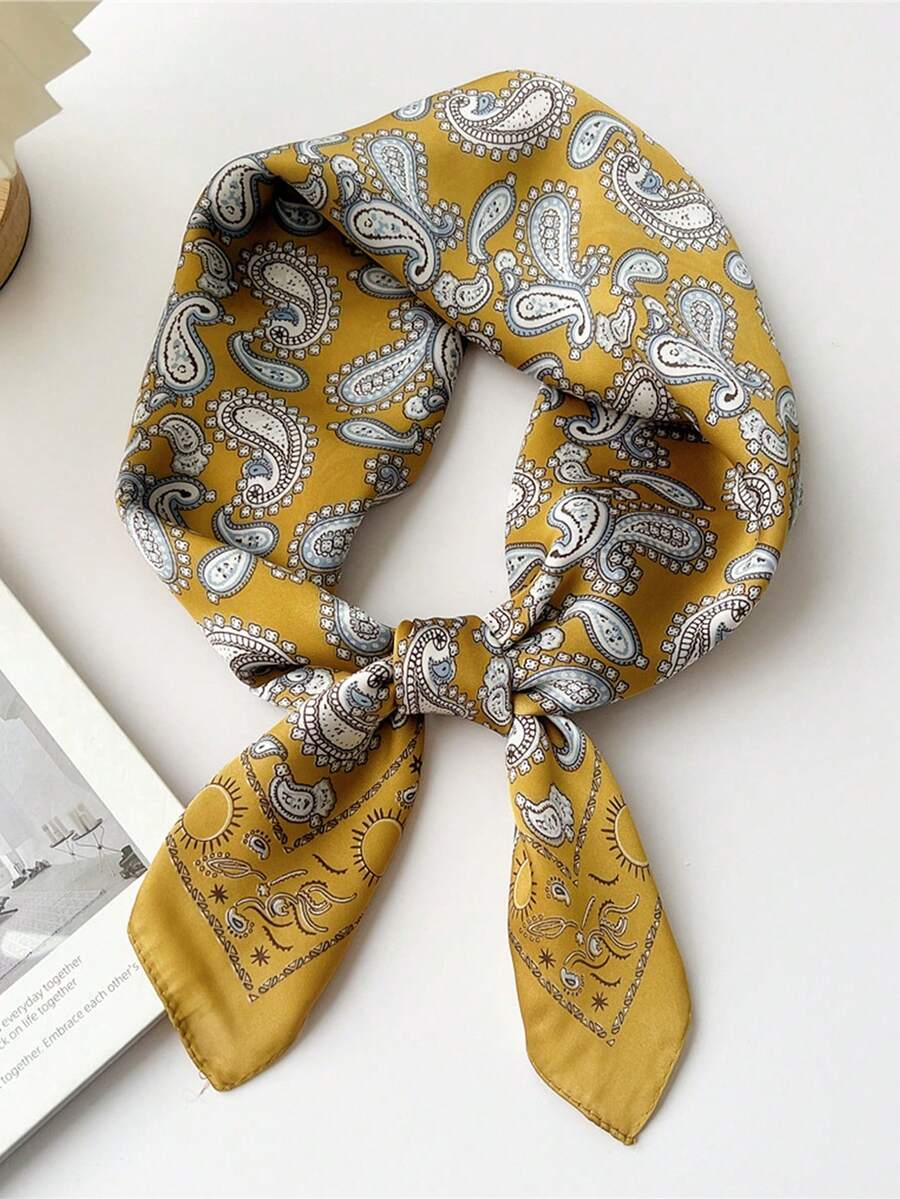 1pc 70*70cm Square Silk Scarf, Women's Satin Printed Headscarf, Neckerchief, Headband, Fashion Ladies Shawl, Scarf - Small Yellow Cashews - View 1