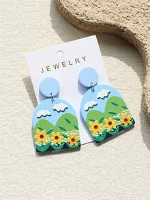 1对女士春夏蓝天白云绿山黄向日葵雏菊印花亚克力可爱优雅耳环 - 彩色 - 查看 5