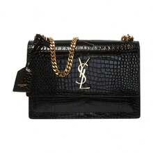 Saint Laurent YSL Sunset Bag, Gold Logo, Crocodile Embossed, Shiny Leather, Chain Crossbody/Shoulder Bag, Medium Size, Women's, Black - 442906-DND0J-1000 - 查看 2