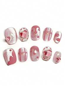 10pcs It's Named Pink Heart Gift Sequence. This Manicure Features Shimmery Pink Textures, Three-Dimensional Heart Accents, Gift Box Ribbon Details, And Polka Dot Patterns. The Glossy Finish Catches Light Like A Sweet Gift Box Tied With Pink Ribbons, Creating A Romantic, Playful Vibe That's Both Charming And Lively. - Pink - View 1