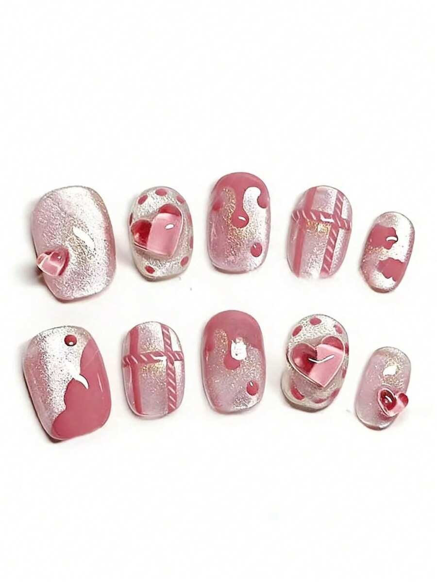 10pcs It's Named Pink Heart Gift Sequence. This Manicure Features Shimmery Pink Textures, Three-Dimensional Heart Accents, Gift Box Ribbon Details, And Polka Dot Patterns. The Glossy Finish Catches Light Like A Sweet Gift Box Tied With Pink Ribbons, Creating A Romantic, Playful Vibe That's Both Charming And Lively. - Pink - View 1