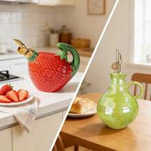 釉下彩陶瓷草莓油壶 & 珍珠梨形油壶，带可拆卸壶嘴，防漏酱料/醋瓶，适用于厨房、餐厅、酒店调味罐 - 彩色 - 查看 7