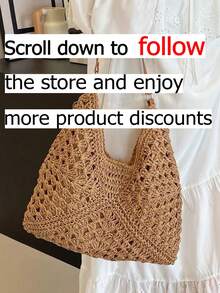 Ce sac fourre-tout tressé de couleur kaki peut être porté à l'épaule ou à la main. Il présente une grande capacité et un design d'ouverture polyvalent, parfait pour un sac de plage style vacances paresseuses. Très adapté pour les voyages et les courses. - Kaki - Voir 2