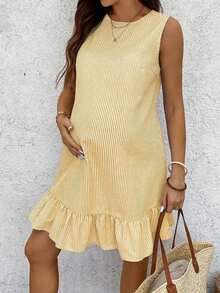 Maternity Casual Striped Ruffle Hem Sleeveless Dress, Cotton Dress For Summer 100 Cotton Dresses Women Short Dresses Summer Work Summer Dresses Cotton Summer Dress Maternity Summer Dress Summer Maternity Dress Maternity Sundress Cotton Summer Dresses Summer Casual Dress Striped Maternity Dress - 黃色 - 查看 5