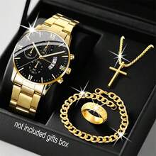 Set de 4 piezas de reloj de moda de negocios para hombres | Reloj + Anillo + Collar + Pulsera, que muestra solemnidad y creencia, regalo perfecto para el Día de Acción de Gracias, Navidad, Día del Padre para dar a familiares y amigos - 4 piezas - Ver 13