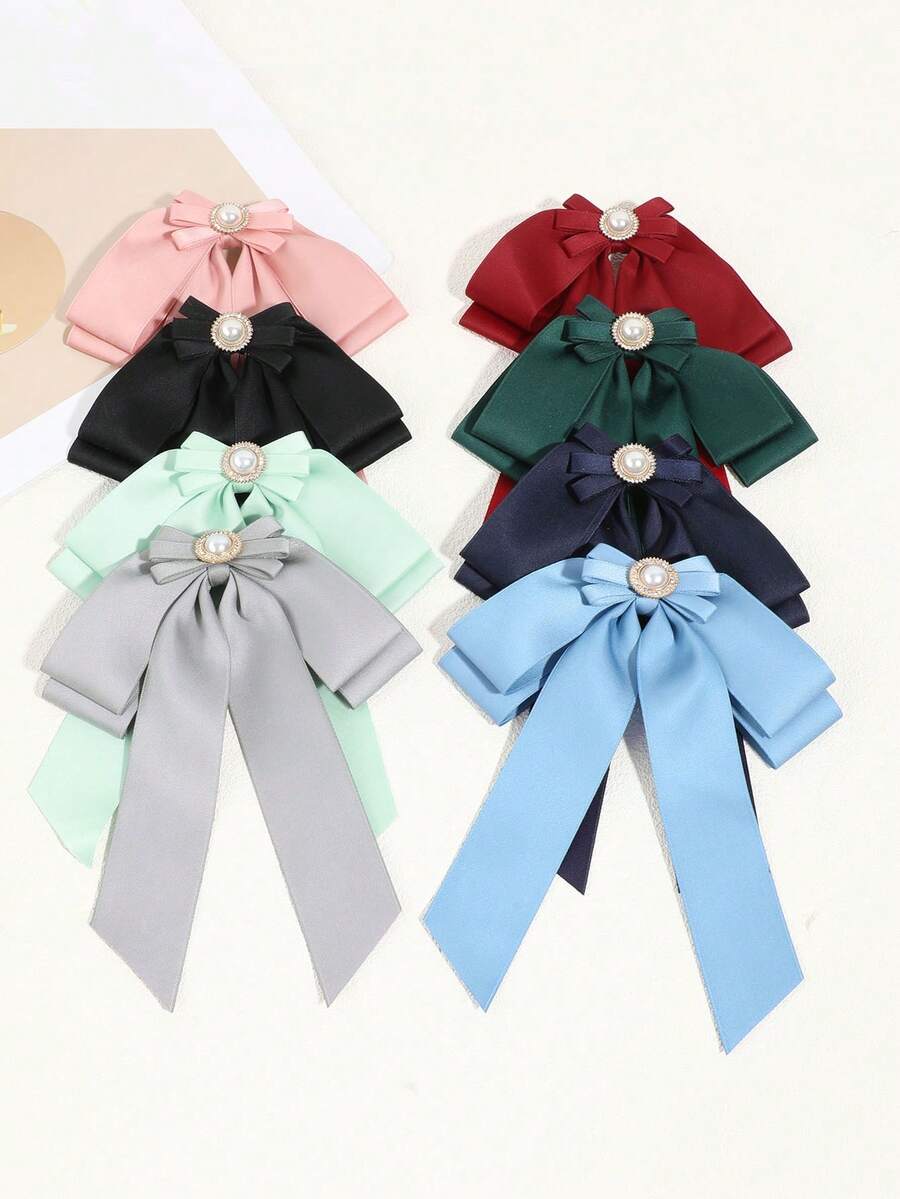 1 pieza Lazo de doble capa con decoración de perlas falsas, versátil y casual para mujer, adecuado para la calle, citas y uso diario - Blanco - Ver 1