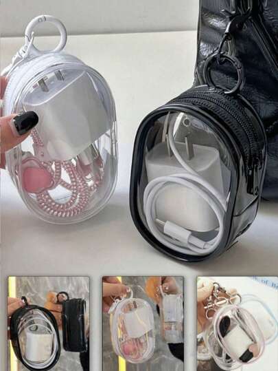 Portable PVC Transparent Mini Data Cable Keychain Storage Bag, Double Zipper Design, Suitable For Data Cables, Chargers, Earphones, Jewelry And Small Accessories, Hearing Aid Travel Bag, Keys, Coins, Etc. Lightweight, Zipper Closure, Washable - Ideal For Travel And Daily Carry.
