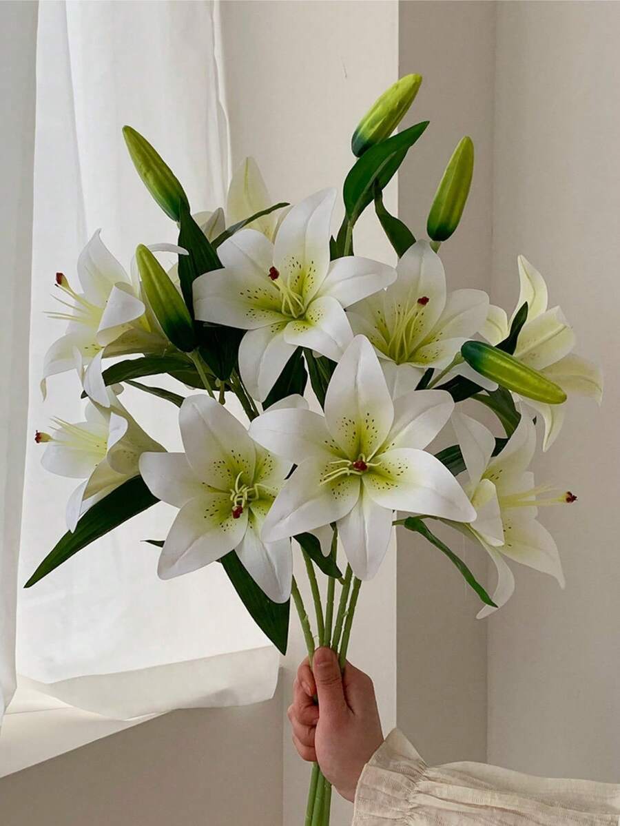 1pc/3pcs/5pcs 34cm Artificial White Silk Lily Flowers, Suitable For Home Decor, Wedding Bouquets, Birthday Parties, Tablescapes, Garden Decor, Wedding Ceremonies, And Bridal Bouquets, High-Quality Artificial Floral Decoration