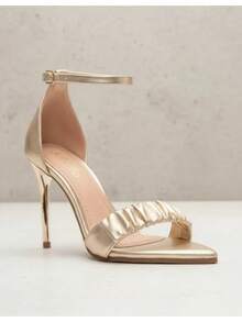 Sandália Feminina Salto Alto 10 CM Dourado Detalhe Tira Franzida Confortavel Elegante Festa Casual - Dourado - Visão 6
