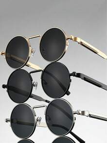 1 Pair Of Unisex Retro Round-Frame Black Sunglasses, UV400 Anti-Ultraviolet, Steampunk Style, Perfect For Street Photography - Multicolor - View 2