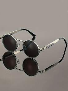 1 Pair Of Unisex Retro Round-Frame Black Sunglasses, UV400 Anti-Ultraviolet, Steampunk Style, Perfect For Street Photography - Multicolor - View 8