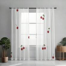2pcs Red Cherry Pattern Sheer Curtains. The Vibrant Red Cherries With Green Stems And Leaves Allow Good Light Penetration, Creating A Fresh Fruity Style Suitable For Living Room, Dining Room And Kitchen. - Multicolor - 2pcs - View 8