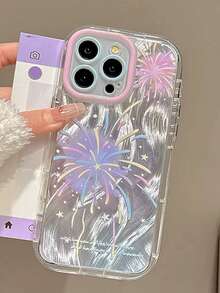 1pc Dreamy Pastel Firework Print Phone Case For IPhone17 16 15 14 13 12 11 17Pro Max 16Plus 15Pro 16Promax, Aesthetic Pink Frame Full Coverage Cute Phone Case - Pink Purple - View 1