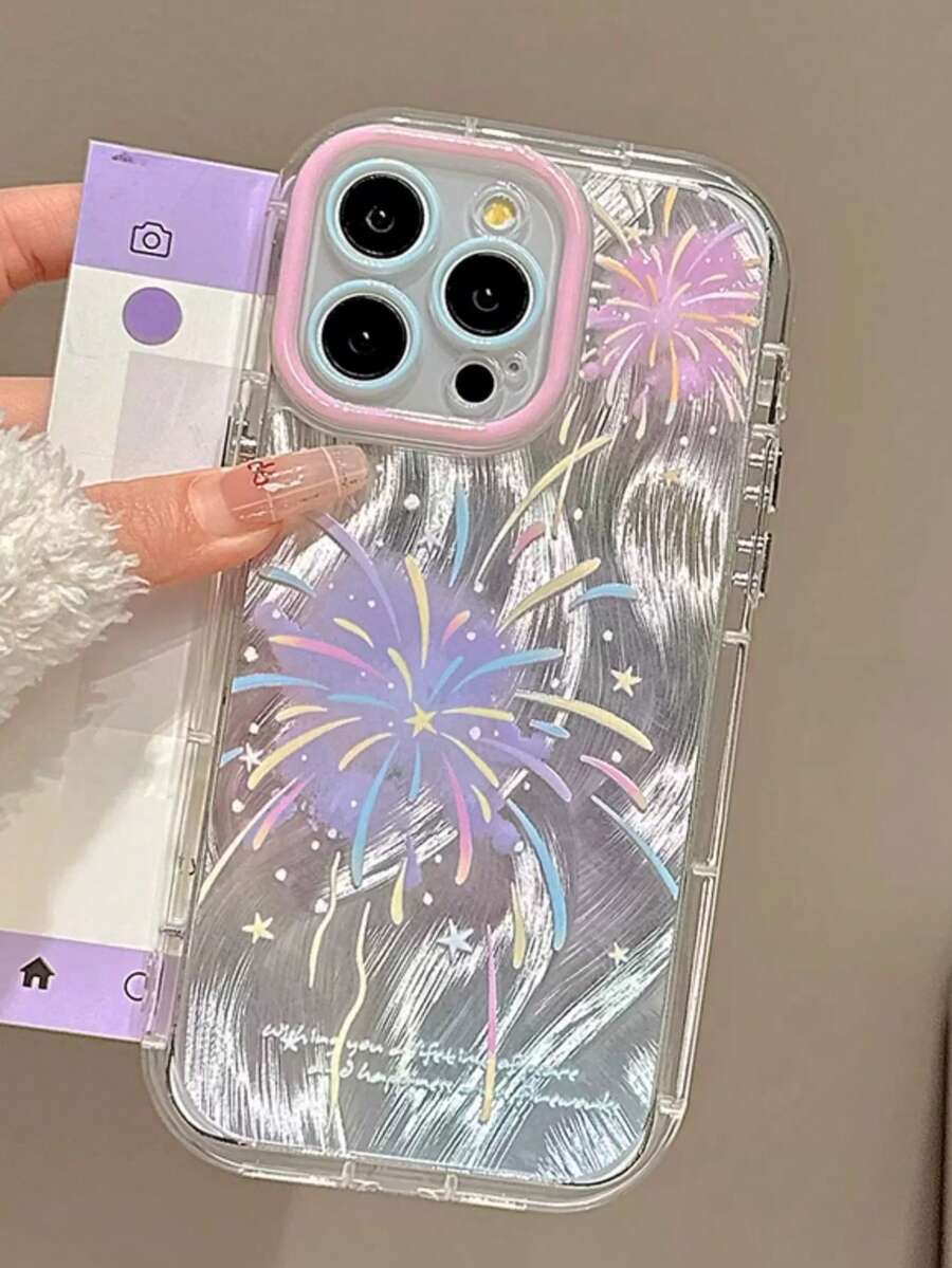1pc Dreamy Pastel Firework Print Phone Case For IPhone17 16 15 14 13 12 11 17Pro Max 16Plus 15Pro 16Promax, Aesthetic Pink Frame Full Coverage Cute Phone Case - Pink Purple - View 1