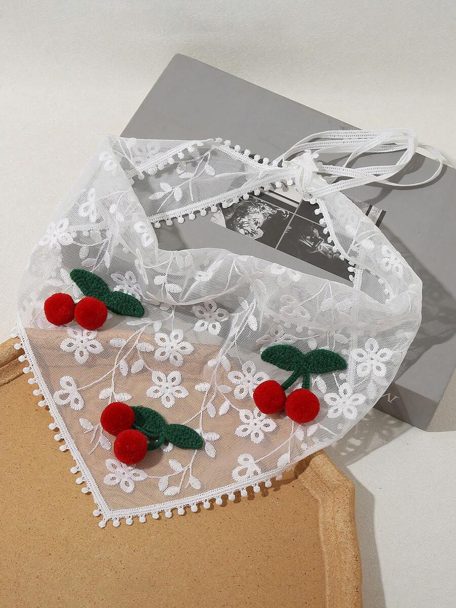 1pc Elegant Lace Crochet Cherry Printed Triangular Scarf, Sweet Cute Countryside Style For Spring/Summer Beach Photo Shoot - White - View 1