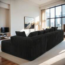Boneless Couch,Modular U-Shaped Sectional Sofa,130-Inch 4-Seater Chaise Lounge With Reversible Design, Striped Corduroy Fabric In BLACK – Sectional Living Room Or Bedroom Couch, Freely Configurable Layout. - 黑色 + 聚酯纖維 + 聚酯纖維 + 4 座 - 查看 5