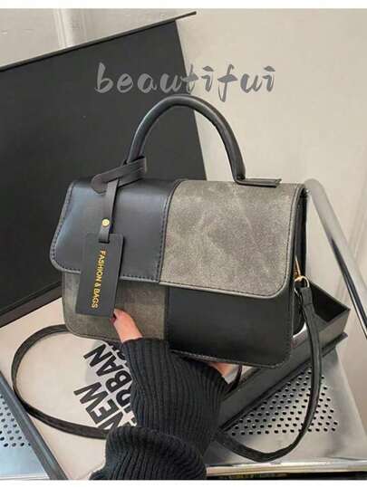 新款时尚简约格子拼接女士手提包单肩斜挎包，适合日常、工作、休闲、通勤、节日送礼，复古风格